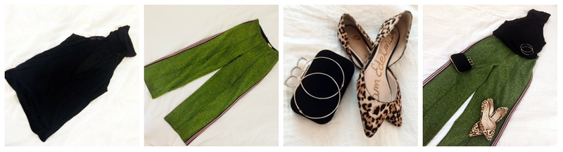 Sleeveless turtleneck + sparkly track pants + animal-print flats and clutch = festive